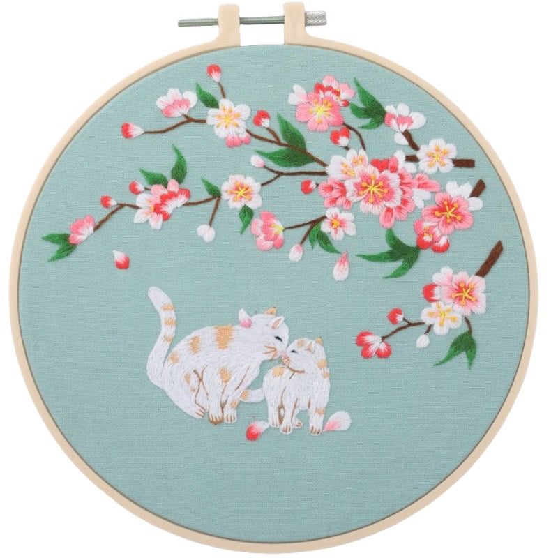 Peach Blossom & 2 Cats Needle Painting Hand Embroidery Kit 8”