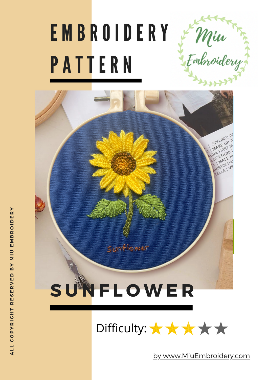3D Sunflower PDF Embroidery Pattern  + Video Tutorial