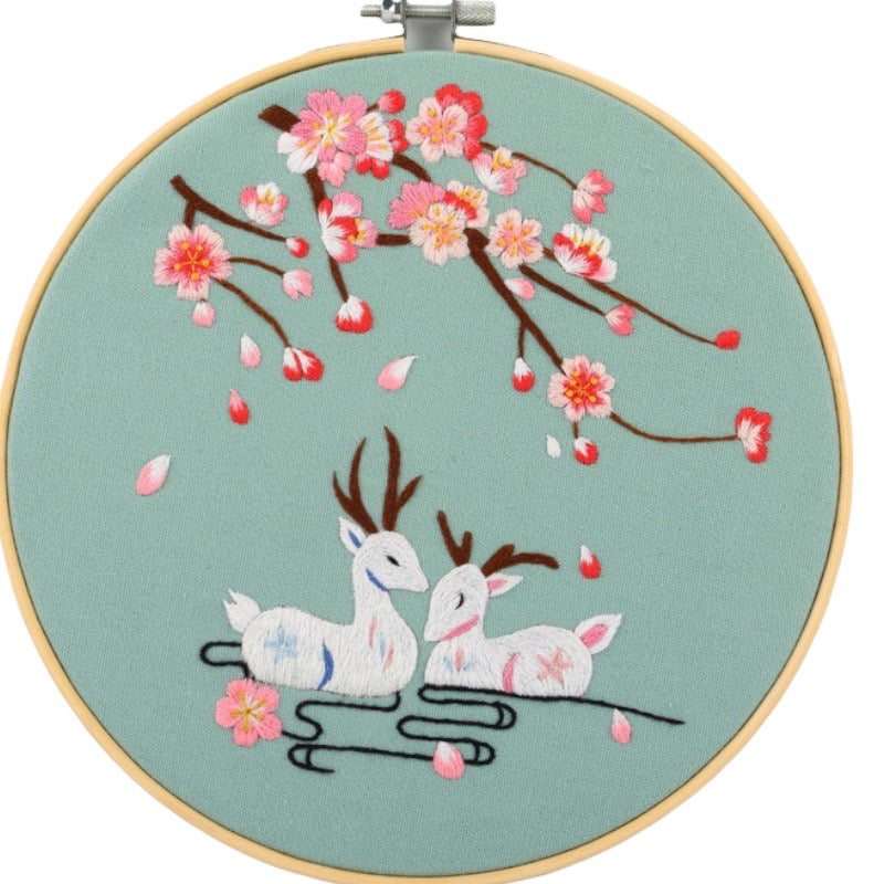 Peach Blossom & Deer Thread Painting Hand Embroidery Kit 8”
