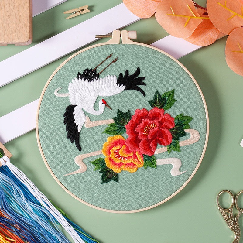 Cranes & Flowers Hand Embroidery DIY Kit 20cm