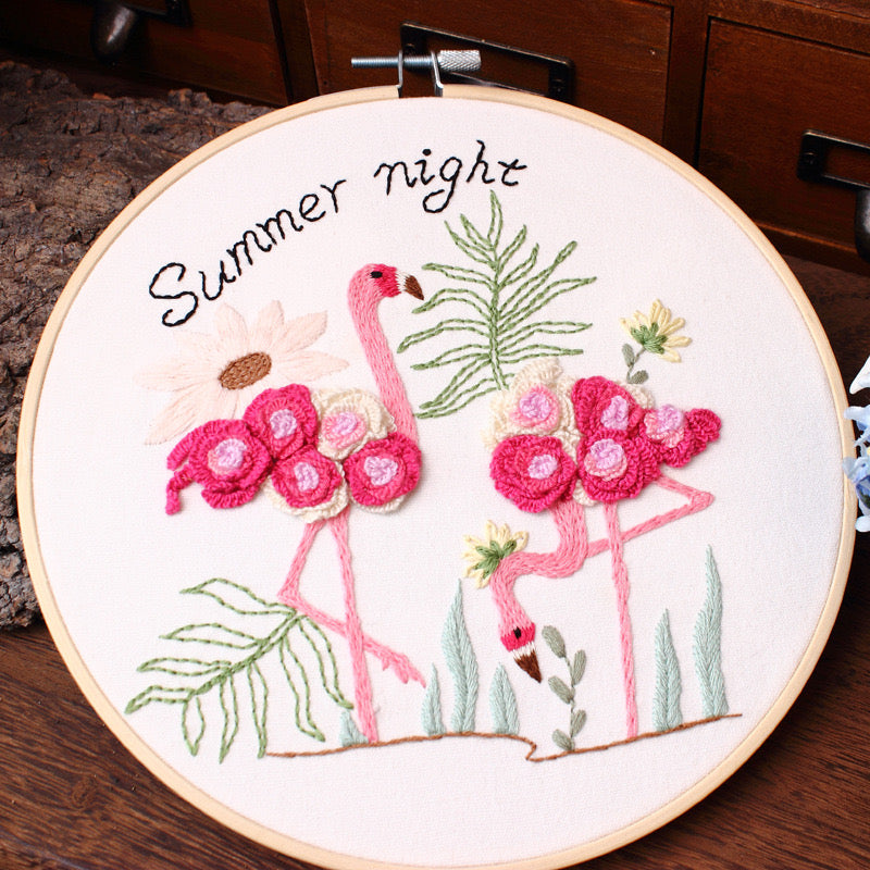 3D Flowers Flamingo  Hand Embroidery DIY Kit 20cm