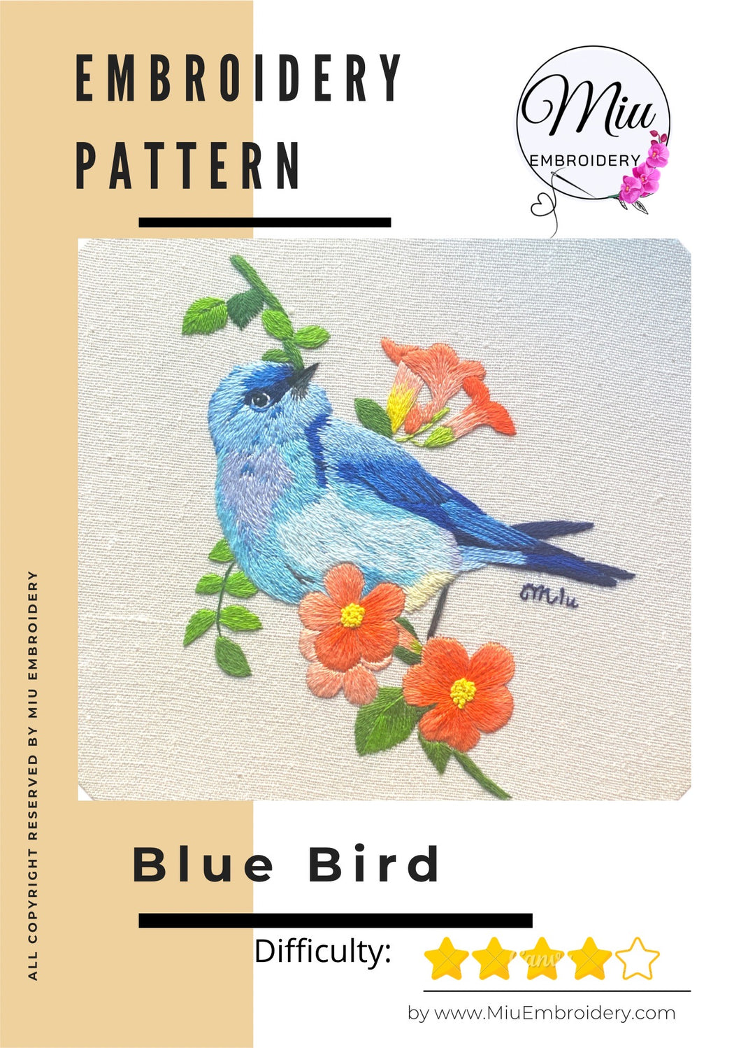 Thread Painting Blue Bird PDF Embroidery Pattern  + Video Tutorial