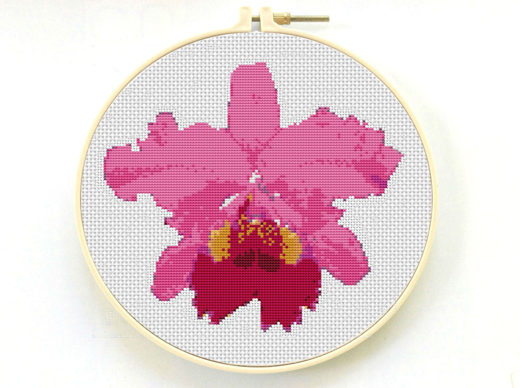 Patrón de punto de cruz de orquídea rosa, bordado de flores modernas, descarga instantánea en PDF,