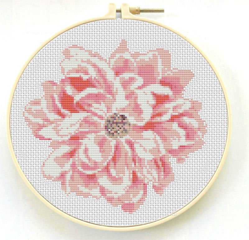 Pink Peony Cross Stitch Pattern, Modern Flower Embroidery PDF Instant Download,