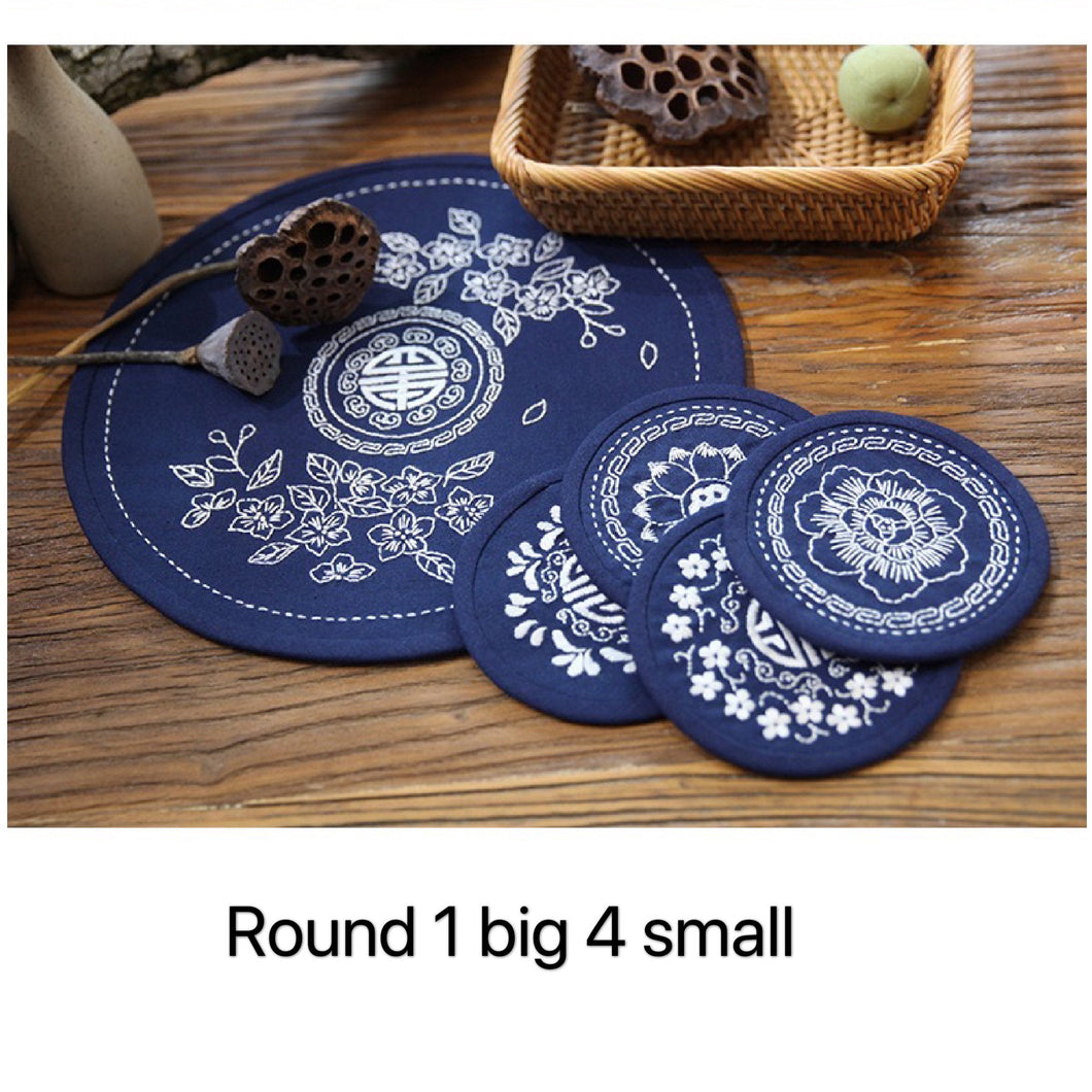 5 Pcs Set White Floral Coaster Beginner DIY Embroidery Kit Printed with Hoop