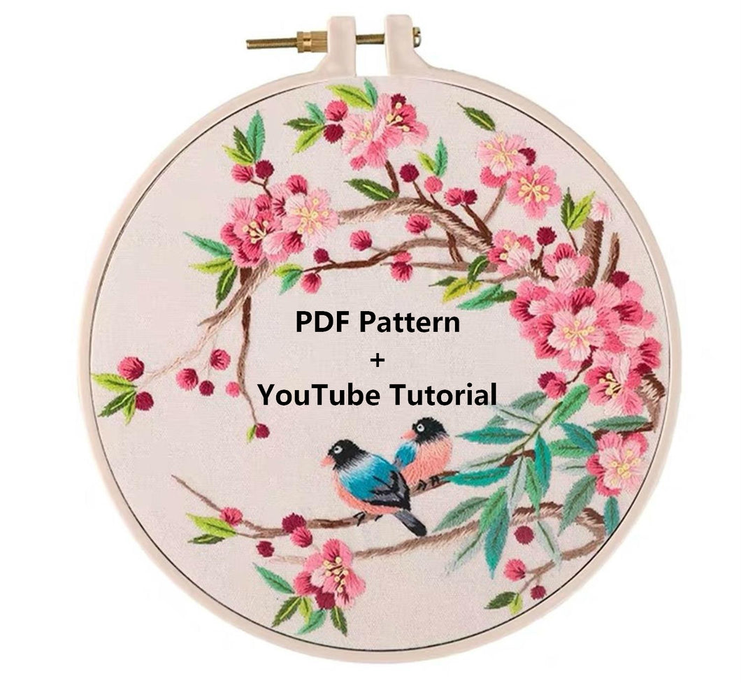 Embroidery Pattern, Birds & Peach Blossom, PDF Instant Download + Video Tutorial